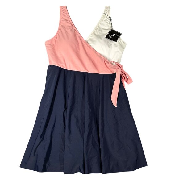 Zaful US 8-10 One Piece Swimdress Swimsuit Color Block V-Neck Wrap Tie Side NWT - Picture 1 of 13